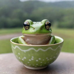 A vivid green frog comfortably sitting inside a patterned teacup, its eyes curiously peeking over the rim, surrounded by a calm, natural backdrop.