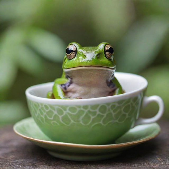 A vivid green frog comfortably sitting inside a patterned teacup, its eyes curiously peeking over the rim, surrounded by a calm, natural backdrop.