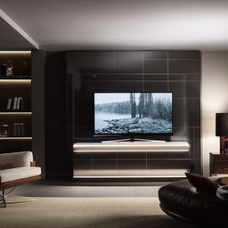 Modern living room with an elegant LED TV stand in the corner, surrounded by sleek furniture and ambient lighting.