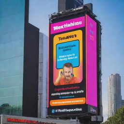 A towering billboard showcasing an expert technician repairing a mobile phone, with bold, catchy phrases and bright neon colors emphasizing the fast and efficient service.