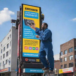 A towering billboard showcasing an expert technician repairing a mobile phone, with bold, catchy phrases and bright neon colors emphasizing the fast and efficient service.