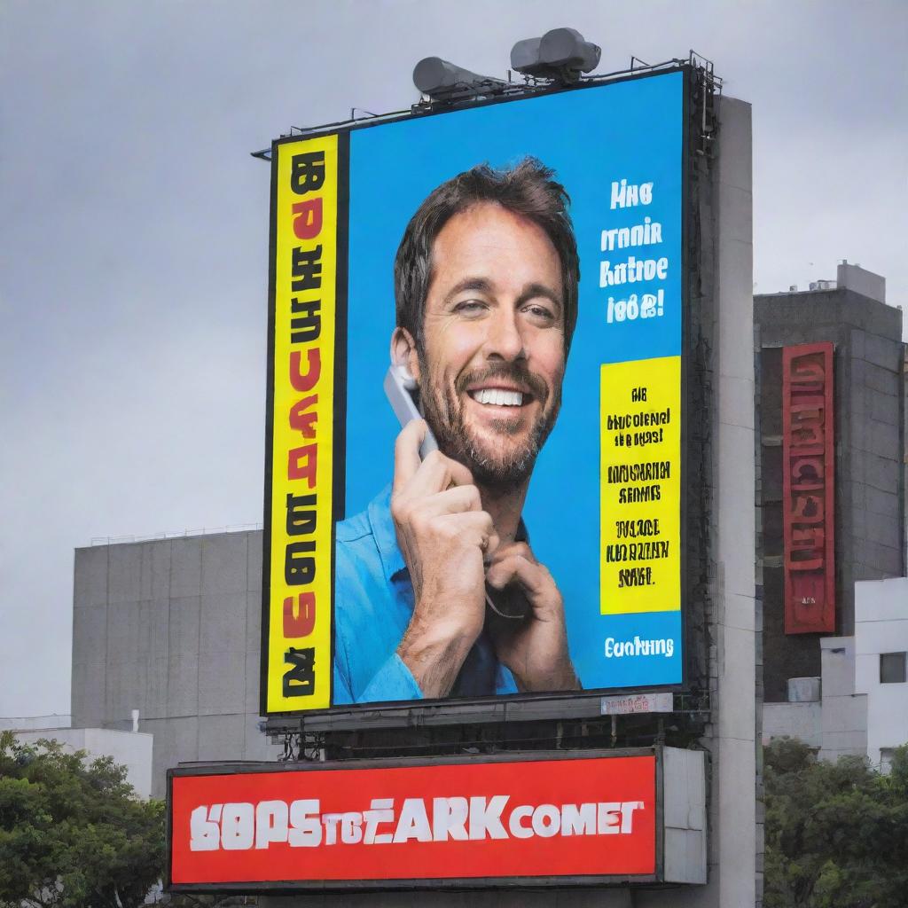 A towering billboard showcasing an expert technician repairing a mobile phone, with bold, catchy phrases and bright neon colors emphasizing the fast and efficient service.