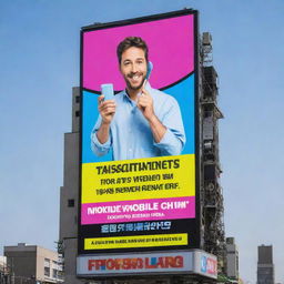 A towering billboard showcasing an expert technician repairing a mobile phone, with bold, catchy phrases and bright neon colors emphasizing the fast and efficient service.