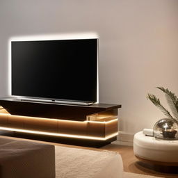 Modern living room with an elegant LED TV stand in the corner, surrounded by sleek furniture and ambient lighting.