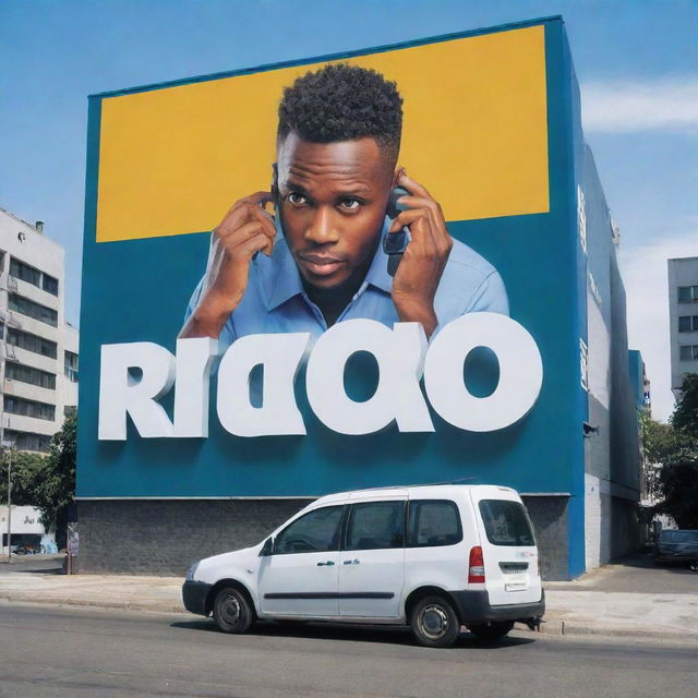 An eye-catching billboard featuring the word 'Ricko' in bold, dynamic letters. The backdrop shows a professional technician diligently repairing a mobile phone, highlighting superior mobile repair services.