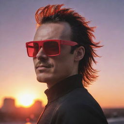 Pixelated animation style image of a man with a mullet haircut, wearing red running glasses and a black running outfit, against the backdrop of a sunset.