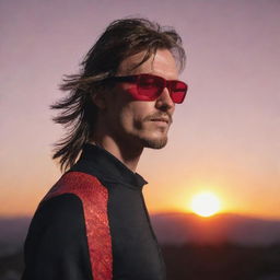 Pixelated animation style image of a man with a mullet haircut, wearing red running glasses and a black running outfit, against the backdrop of a sunset.