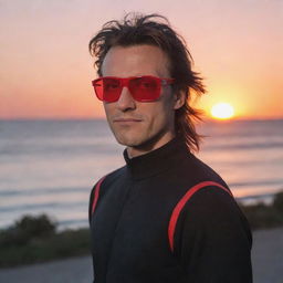 Pixelated animation style image of a man with a mullet haircut, wearing red running glasses and a black running outfit, against the backdrop of a sunset.