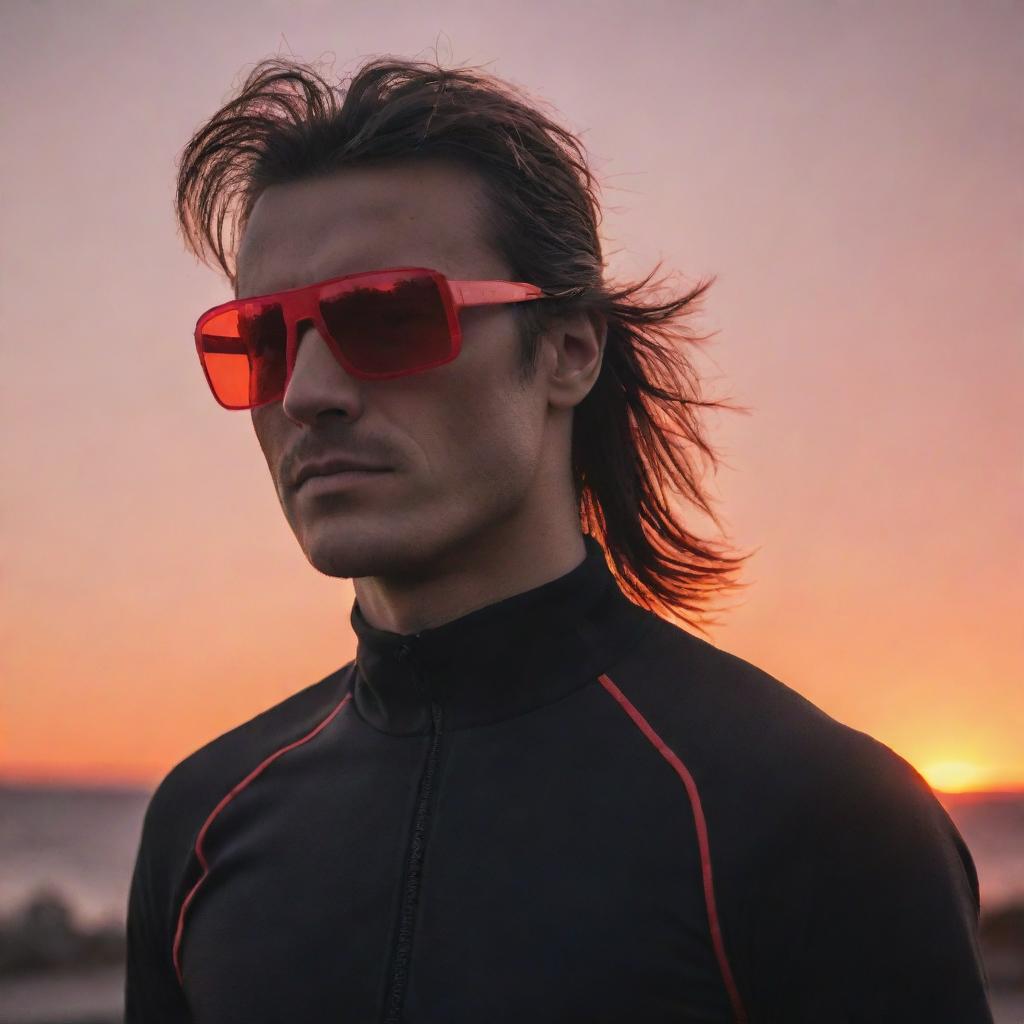 Pixelated animation style image of a man with a mullet haircut, wearing red running glasses and a black running outfit, against the backdrop of a sunset.