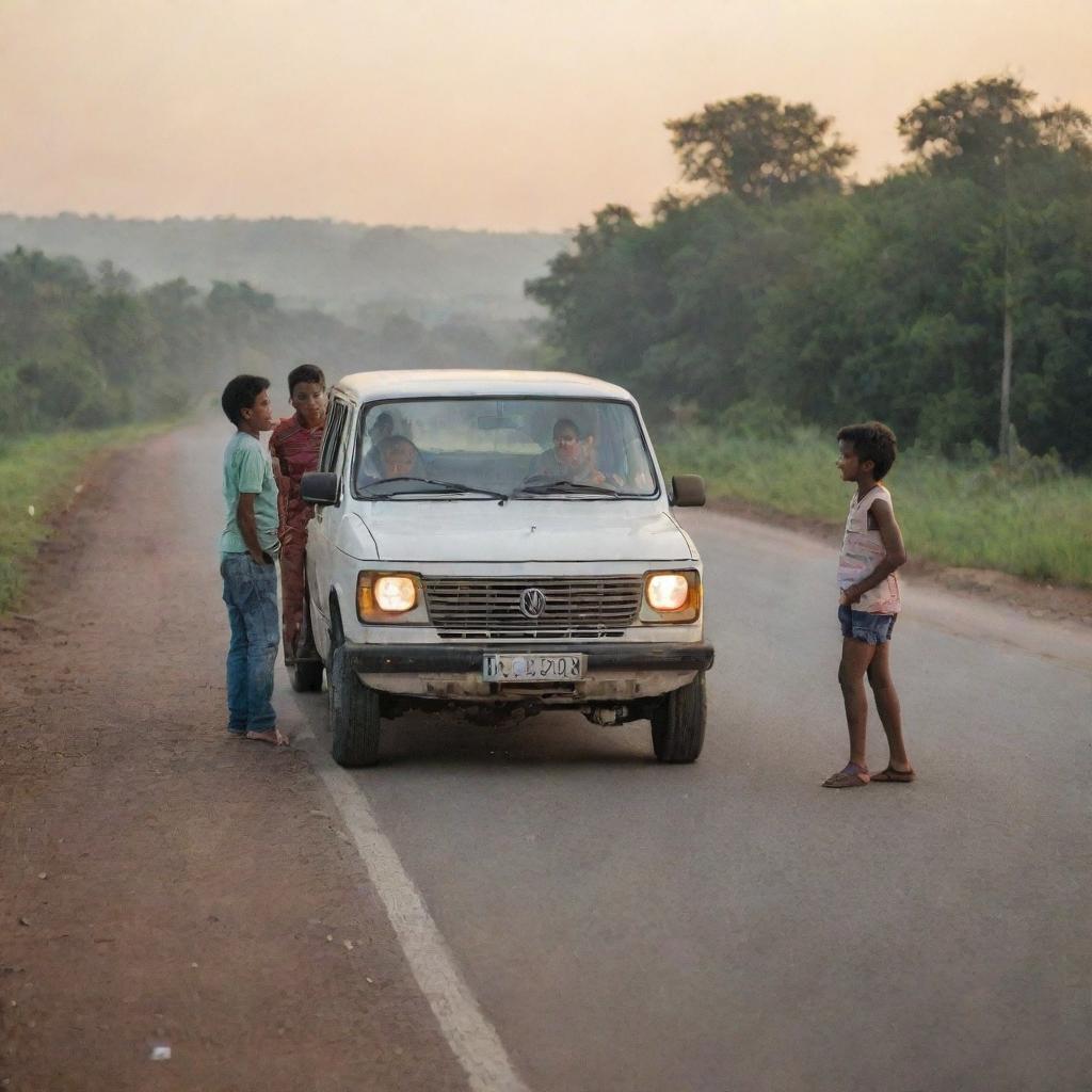 A group of boys and girls chatting on a road during the evening, with a vehicle driving past.