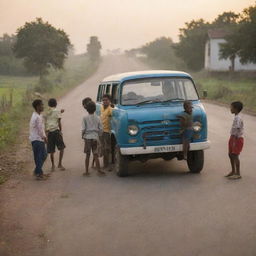 A group of boys and girls chatting on a road during the evening, with a vehicle driving past.