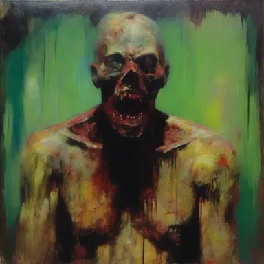 The horror painting evoked a terrific feeling in viewers, with its grotesque imagery and chilling color palette.