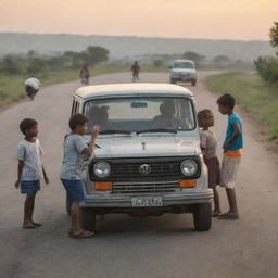 A group of boys and girls chatting on a road during the evening, with a vehicle driving past.