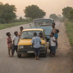 A group of boys and girls chatting on a road during the evening, with a vehicle driving past.