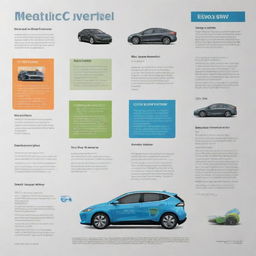 Create a sleek, informative poster showcasing the core features of electric vehicles (EVs). Illustrate the sustainability goals, global pollution problems, and EVs as a part of the solution with highlighted pros and cons. End with futuristic visuals of EV technology advancements.