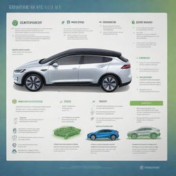 Create a sleek, informative poster showcasing the core features of electric vehicles (EVs). Illustrate the sustainability goals, global pollution problems, and EVs as a part of the solution with highlighted pros and cons. End with futuristic visuals of EV technology advancements.