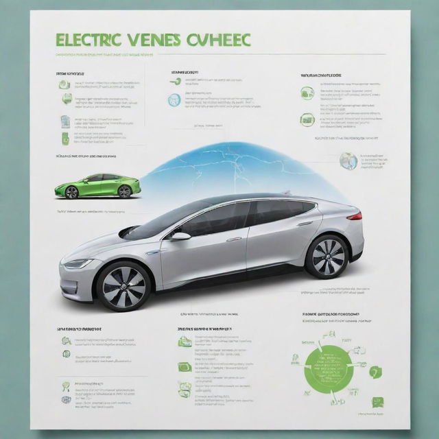 Create a sleek, informative poster showcasing the core features of electric vehicles (EVs). Illustrate the sustainability goals, global pollution problems, and EVs as a part of the solution with highlighted pros and cons. End with futuristic visuals of EV technology advancements.