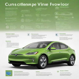 Create a sleek, informative poster showcasing the core features of electric vehicles (EVs). Illustrate the sustainability goals, global pollution problems, and EVs as a part of the solution with highlighted pros and cons. End with futuristic visuals of EV technology advancements.