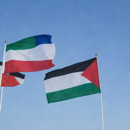 Israel and Palestine flags waving together in harmony with a clear sky in the background