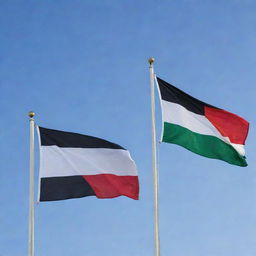 Israel and Palestine flags waving together in harmony with a clear sky in the background