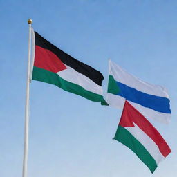 Israel and Palestine flags waving together in harmony with a clear sky in the background