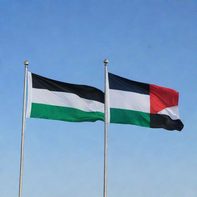 Israel and Palestine flags waving together in harmony with a clear sky in the background