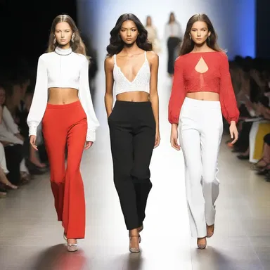 The fashion runway showcased models wearing trendy toreador pants paired with chic tops and high-heeled shoes.
