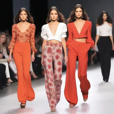 The fashion runway showcased models wearing trendy toreador pants paired with chic tops and high-heeled shoes.