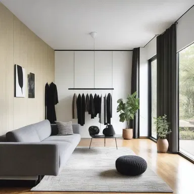 The modernist house featured an open floor plan with sleek furniture and minimalist decor, complemented by toreador pants hanging in the closet.