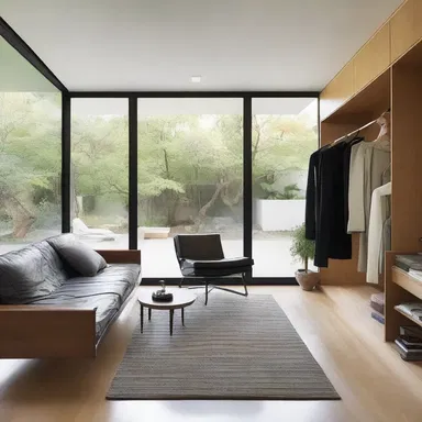 The modernist house featured an open floor plan with sleek furniture and minimalist decor, complemented by toreador pants hanging in the closet.