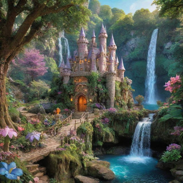 A whimsical, enchanting wonderland, filled with vibrant flora, mythical creatures, sparkling waterfalls, and enchanting castles.