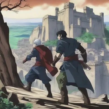 In the anime series, the heroes engage in a fierce battle on the escarp overlooking the fortress.