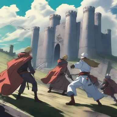 In the anime series, the heroes engage in a fierce battle on the escarp overlooking the fortress.