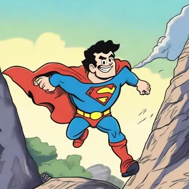 The brave protagonist jumped off the escarp to attack the villain and save the day in the cartoon show.