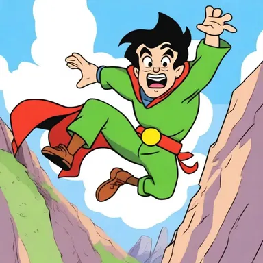 The brave protagonist jumped off the escarp to attack the villain and save the day in the cartoon show.