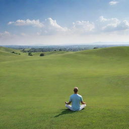 A tranquil, serene scene embodying peace and freedom from worries, featuring vast clear skies, lush green fields, and a lone individual meditating calmly.