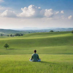 A tranquil, serene scene embodying peace and freedom from worries, featuring vast clear skies, lush green fields, and a lone individual meditating calmly.