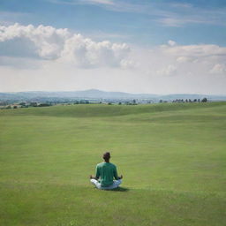 A tranquil, serene scene embodying peace and freedom from worries, featuring vast clear skies, lush green fields, and a lone individual meditating calmly.