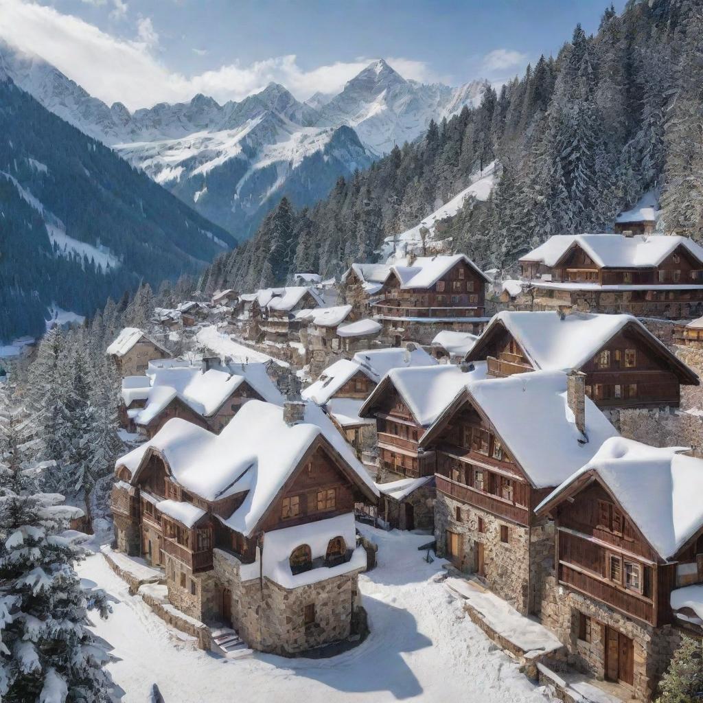 A picturesque alpine village nestled amidst towering snowy mountains, featuring quaint cottages with smoke curling from chimneys, narrow cobblestone streets, and pine trees dusted with snow.