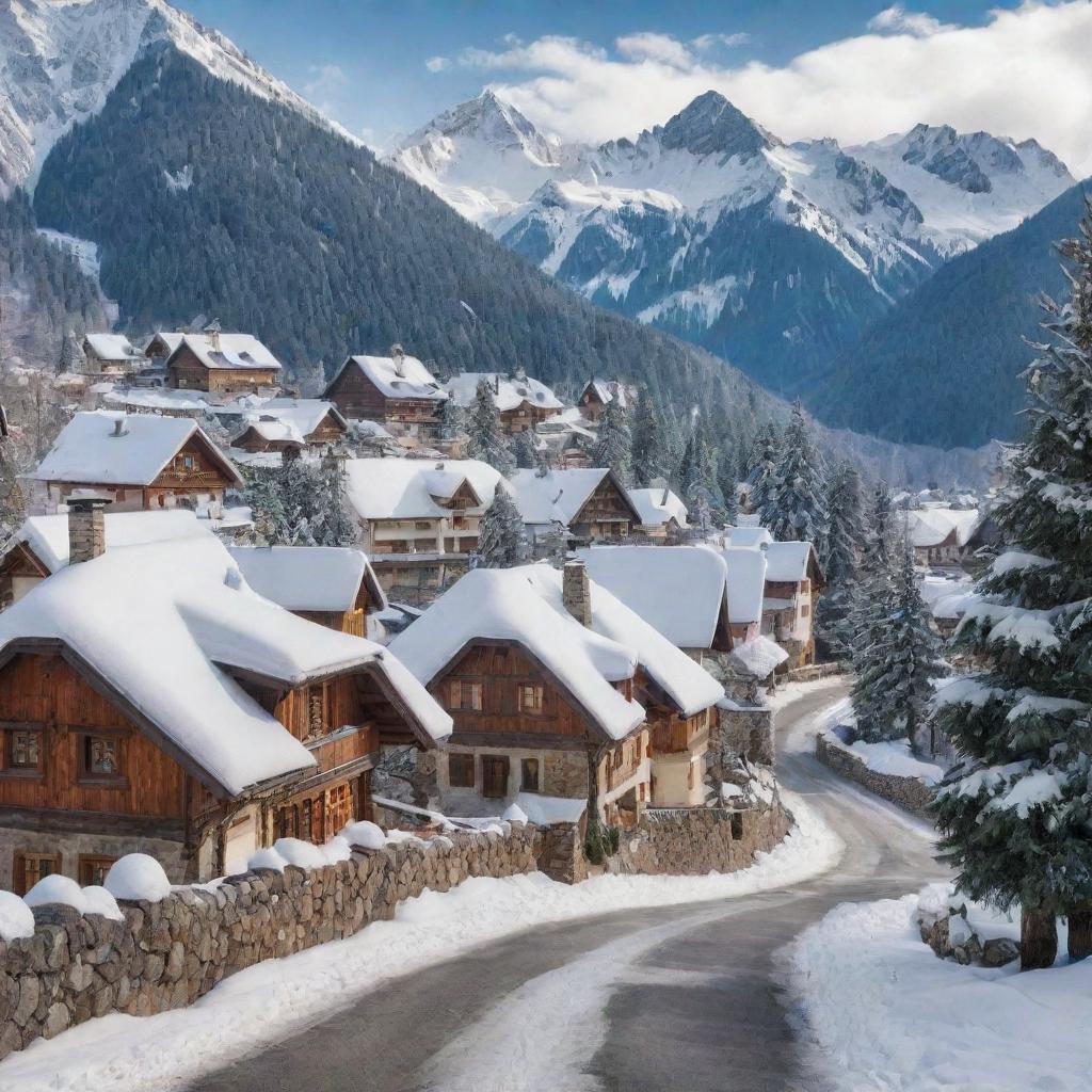 A picturesque alpine village nestled amidst towering snowy mountains, featuring quaint cottages with smoke curling from chimneys, narrow cobblestone streets, and pine trees dusted with snow.