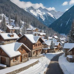 A picturesque alpine village nestled amidst towering snowy mountains, featuring quaint cottages with smoke curling from chimneys, narrow cobblestone streets, and pine trees dusted with snow.