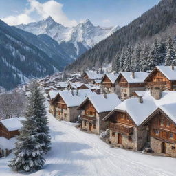 A picturesque alpine village nestled amidst towering snowy mountains, featuring quaint cottages with smoke curling from chimneys, narrow cobblestone streets, and pine trees dusted with snow.