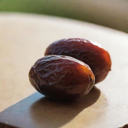 A meticulously detailed, glossy date fruit is sitting on a sunlit table.