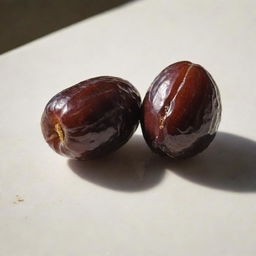 A meticulously detailed, glossy date fruit is sitting on a sunlit table.