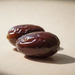 A meticulously detailed, glossy date fruit is sitting on a sunlit table.