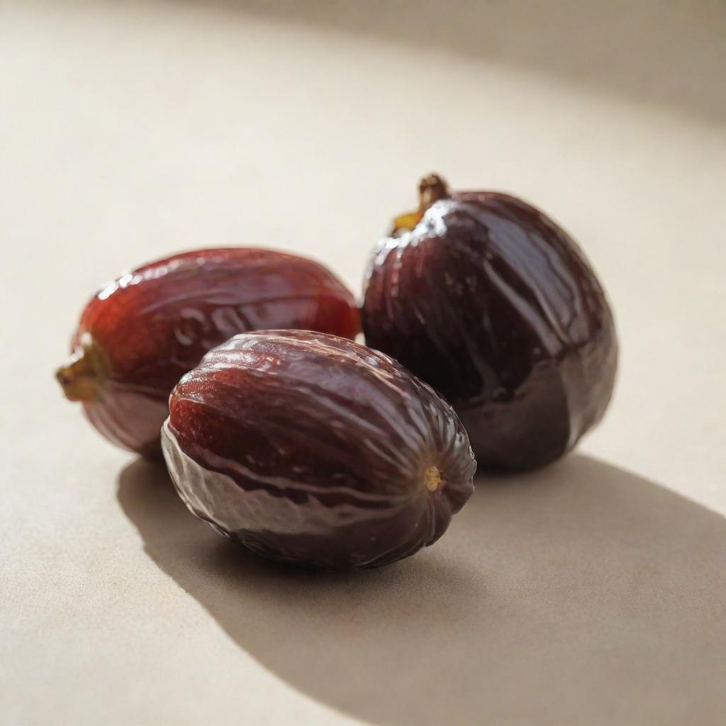 A meticulously detailed, glossy date fruit is sitting on a sunlit table.