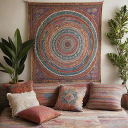 Create a bohemian style artwork with intricate patterns, lively colors and natural elements.