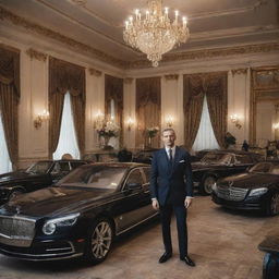 An opulent depiction of a wealthy man's lifestyle, showcasing a luxurious mansion, a fleet of high-end cars, bespoke tailored suits, and decadent banquets.