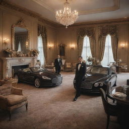 An opulent depiction of a wealthy man's lifestyle, showcasing a luxurious mansion, a fleet of high-end cars, bespoke tailored suits, and decadent banquets.