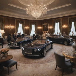 An opulent depiction of a wealthy man's lifestyle, showcasing a luxurious mansion, a fleet of high-end cars, bespoke tailored suits, and decadent banquets.